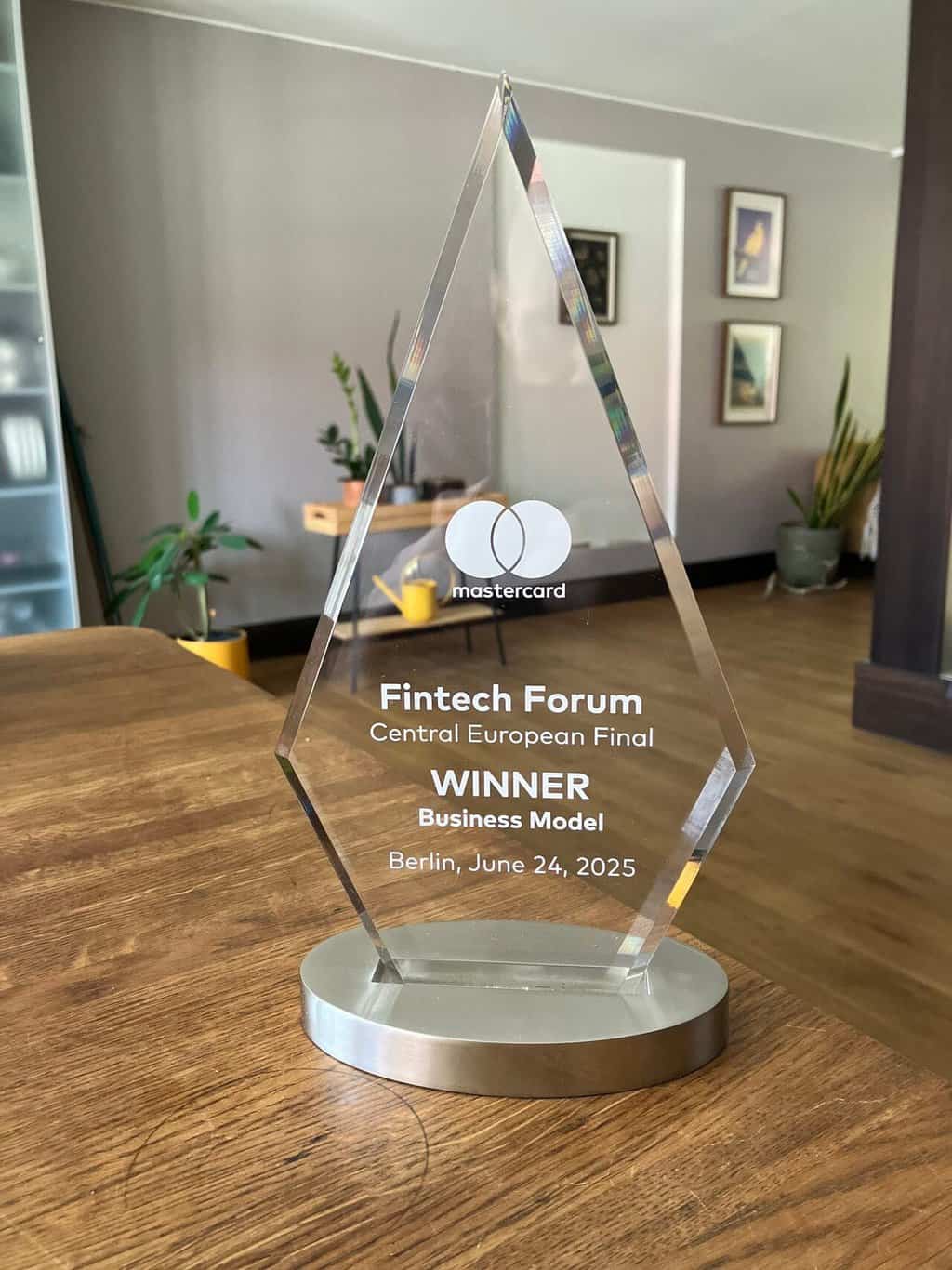 Award trophy for Fintech Forum, Central European Final, Business Model Winner, Berlin, June 24, 2025.