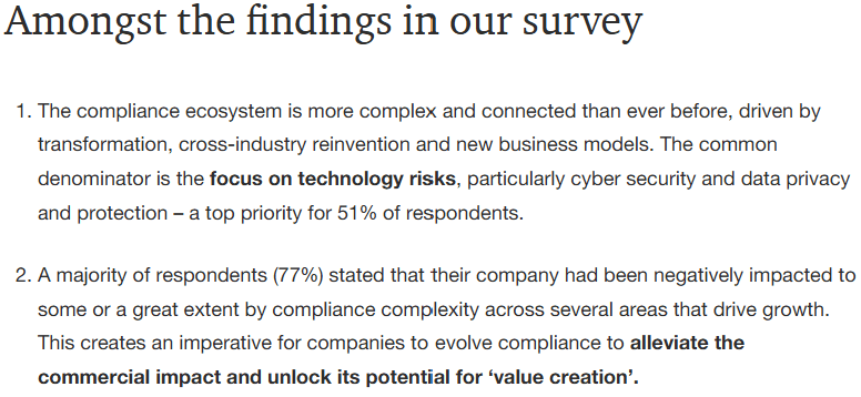 According to the PwC’s Global Compliance Study 2025, 77% of the respondents stated that their company had been negatively impacted to some or a great extent by compliance complexity across several areas that drive growth.