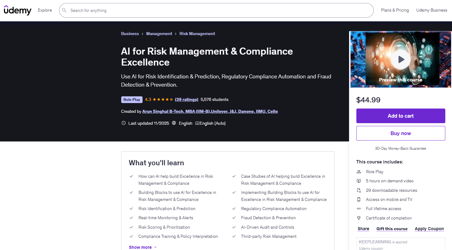 Online training in Udemy platform which explains how the organizations can use AI for automation and other tasks, like risk scoring