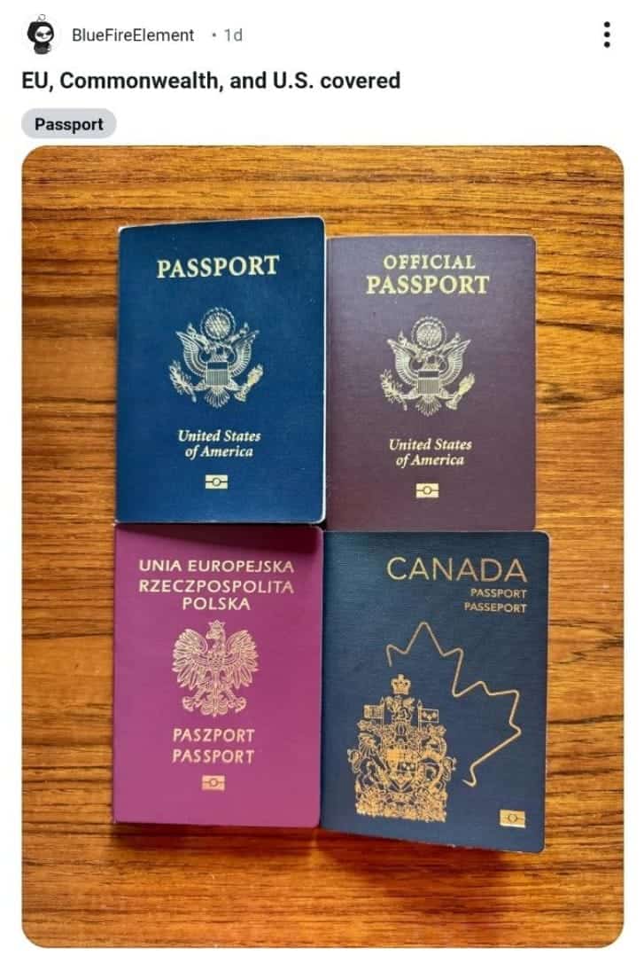 Passport comparison from multiple countries including USA, Poland, and Canada on a wooden surface.