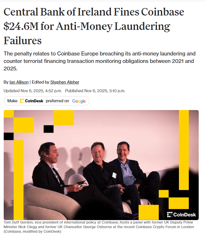 Picture 1 – Article on the Coinbase fine back in 2025 related to the 2,708 STRs that took almost 3 years to complete the monitoring of impacted transactions