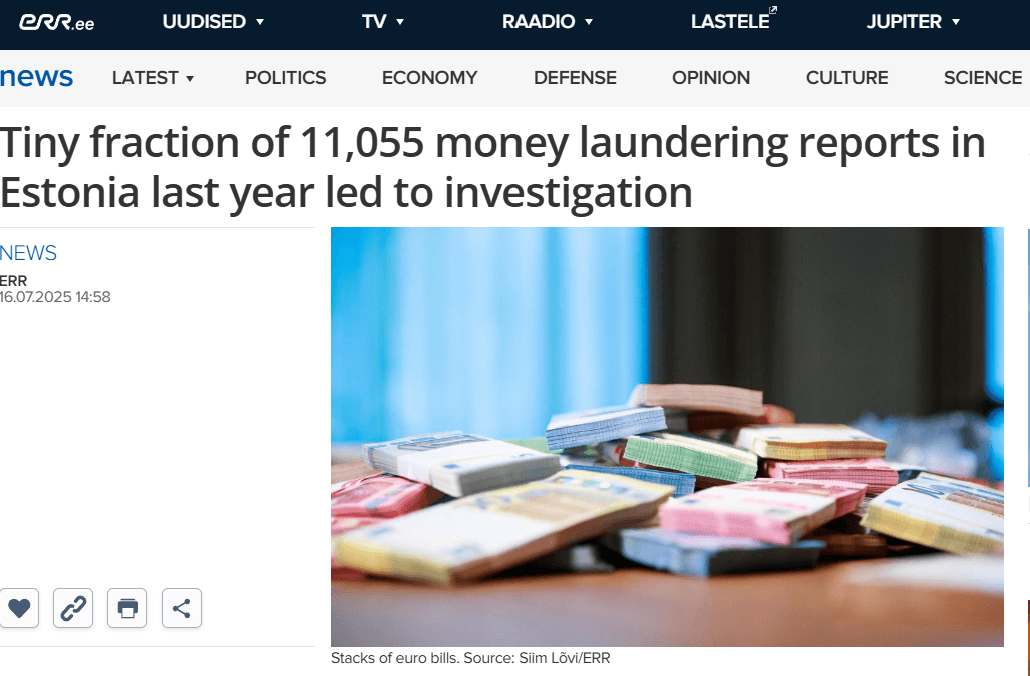 Picture 3 – article on the numbers presented in Estonia which indicates that 10 criminal proceedings were initiated based on information analyzed and forwarded by the FIU out of the total 11,055 STRs or 0.09% of the total reports due to reports derived from sectors where reporting quality is very low