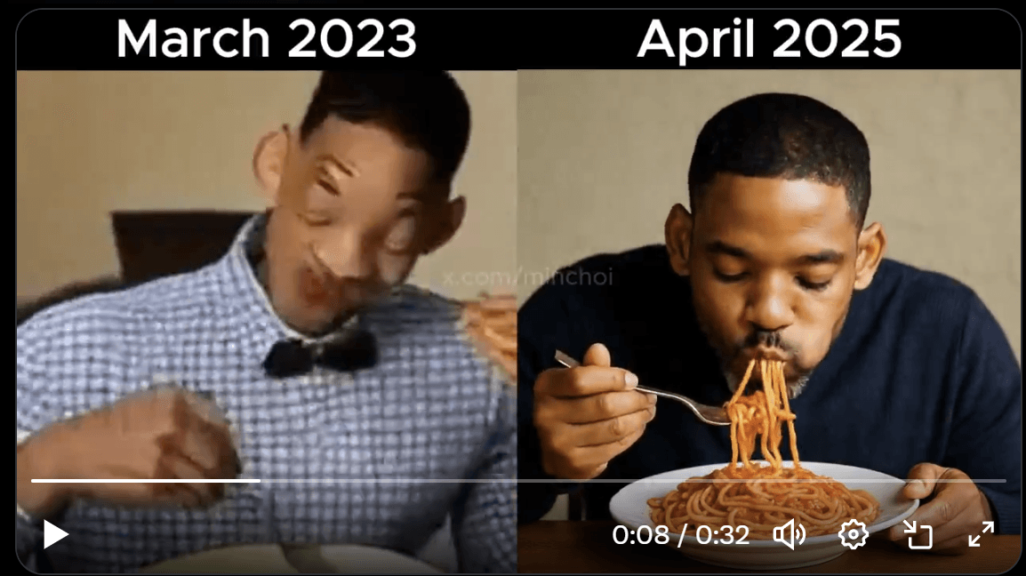 2-year progress of AI-generated videos of Will Smith eating spaghetti