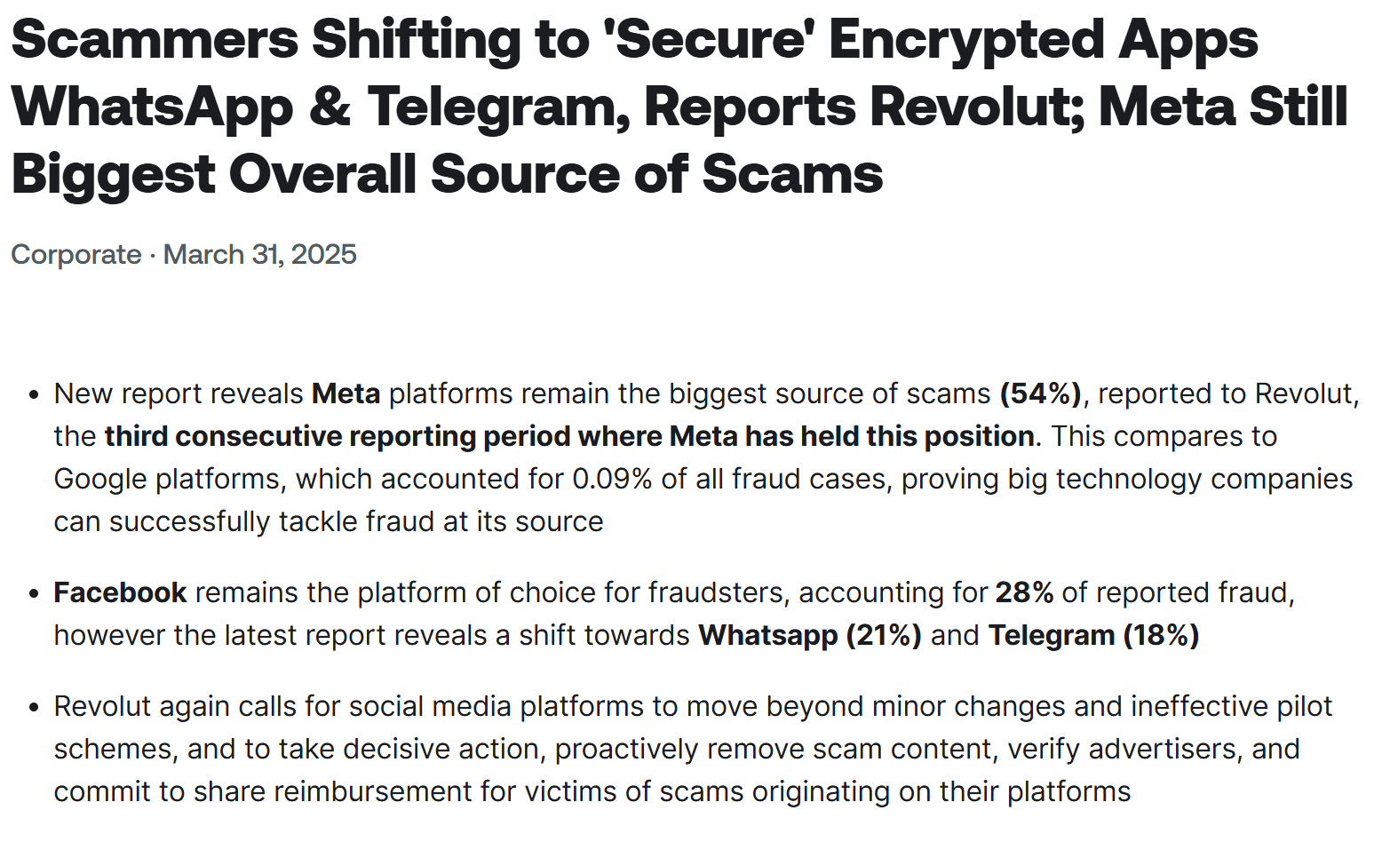 Revolut’s statement in their website where it is noted that Meta platforms accounted for 54% of scams that were reported to Revolut. 