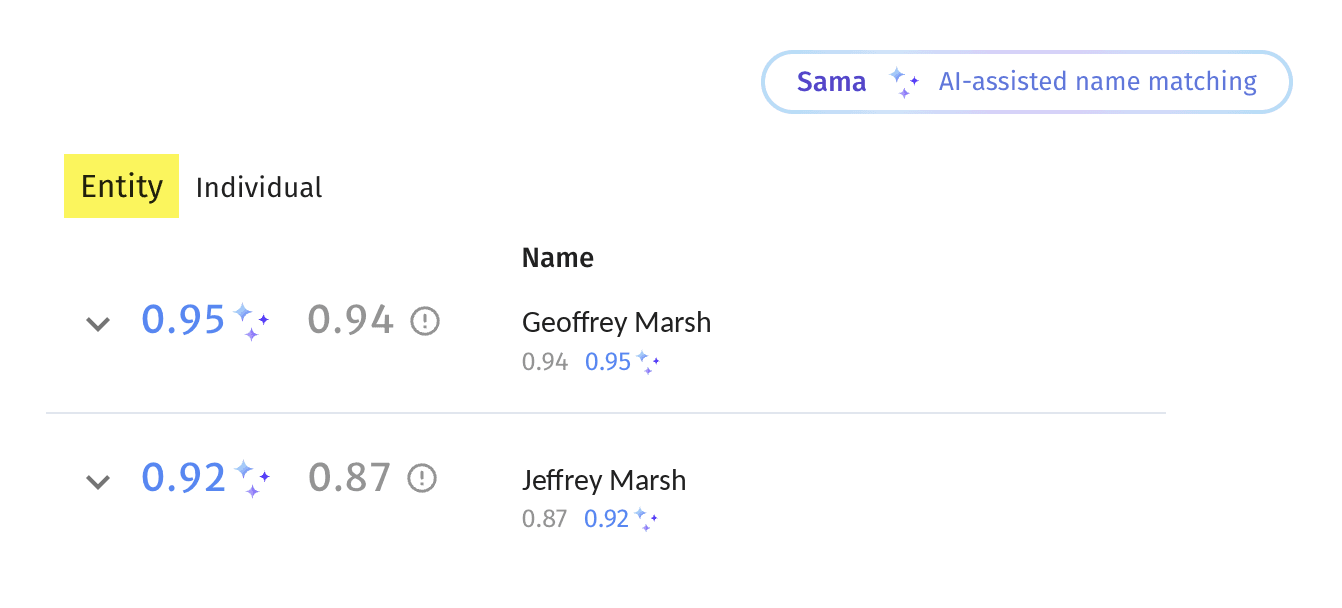 AI-assisted name matching in AMLYZE: Sama's match score shown next to the conventional engine score